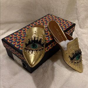 Kurt Geiger Gold Pointed Mule Slides with Green Jewel Eye